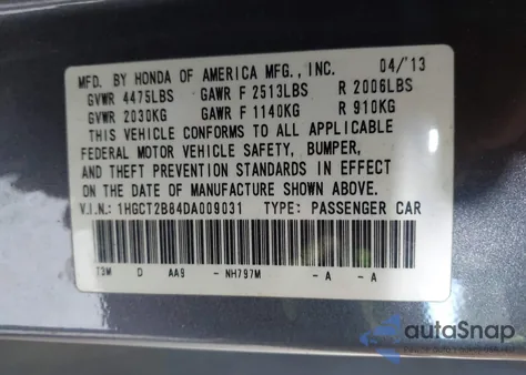 2013 Honda Accord Ex-L V-6 из США, поврежденный, VIN 1HGCT2B84DA009031